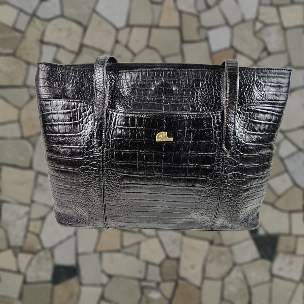 Vintage Annalou Crocodile Embossed Leather Tote Shoulder Handbag Purse Women Leather Tote Black Size ONE SIZE - 1 Thumbnail