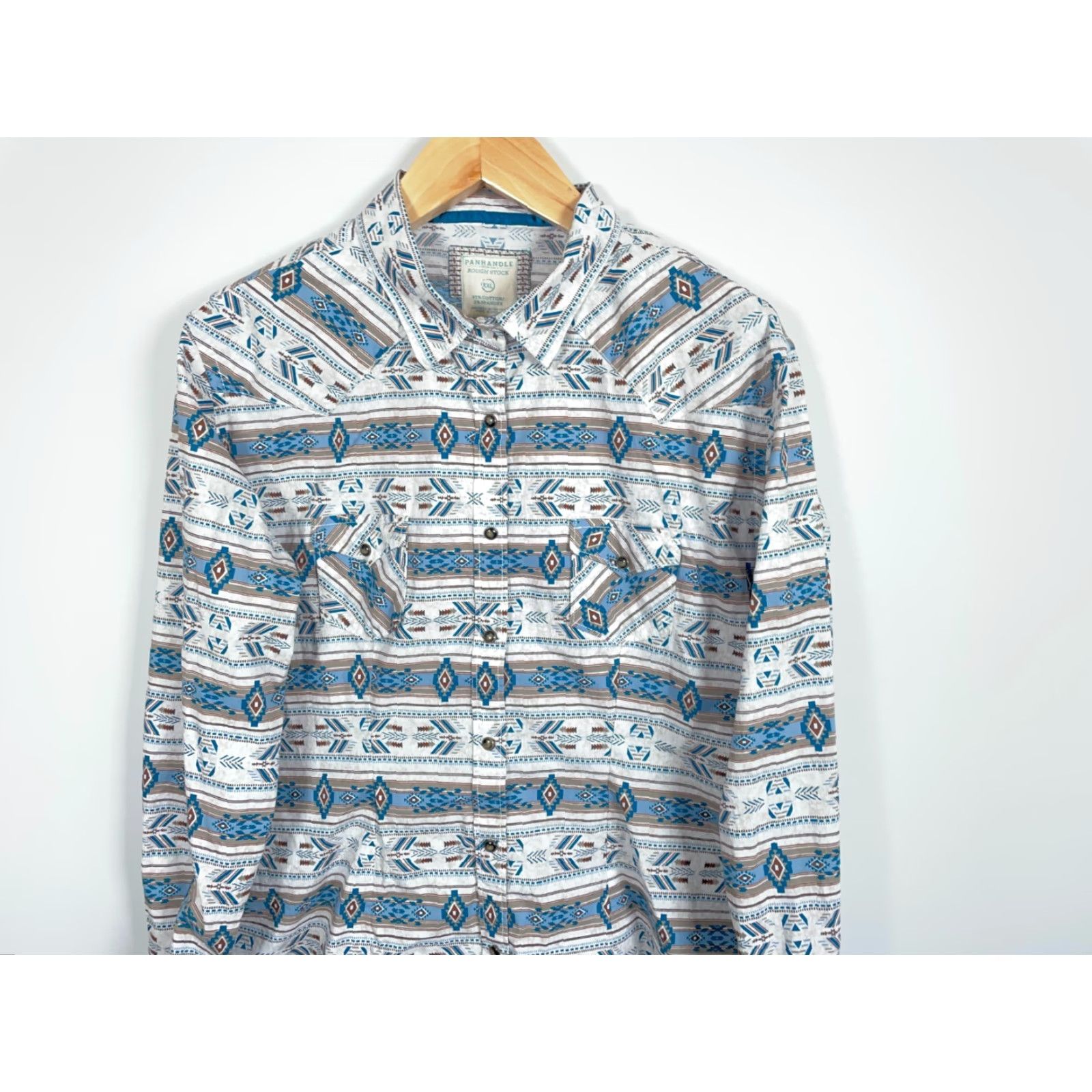 Vintage VINTAGE Panhandle Slim Rough Stock Shirt Women’s 2XL White Blue Geometric Pearl Snap Western Button-Up, 90s Cowboy Style, Casual Wear Size XXL / US 16-18 / IT 52-54 - 4 Thumbnail
