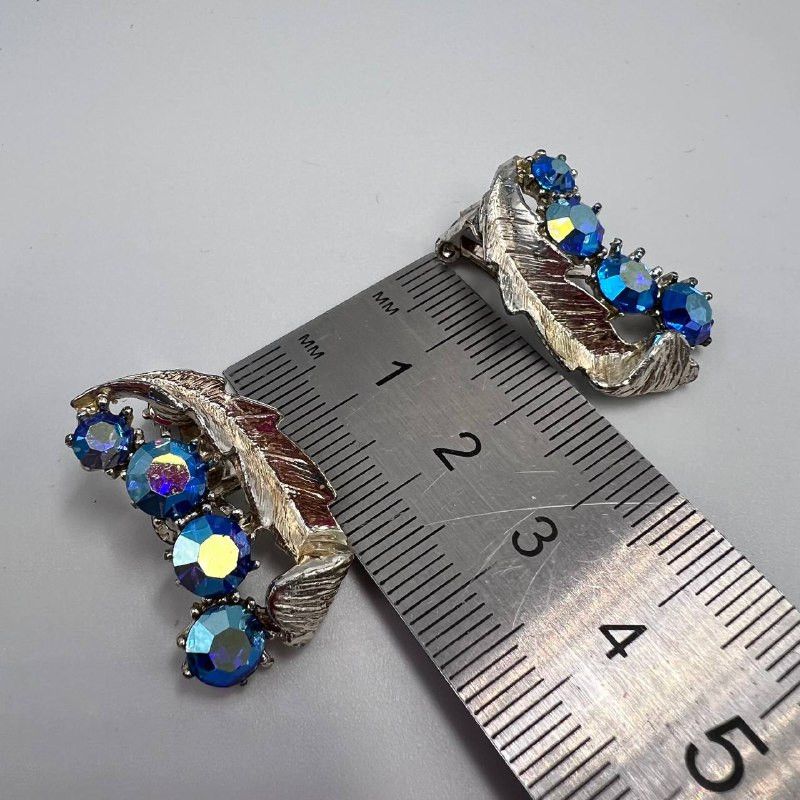 Vintage Vintage Clip On Earrings | Blue Aurora Borealis Rhinestones Size ONE SIZE - 4 Thumbnail