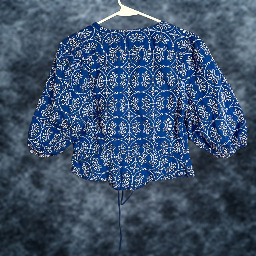 Mango Mango Blouse Shirt Womens 4 Blue Embroidered Floral Cotton Tie 3/4 Sleeve V-Neck Casual Size S / US 4 / IT 40 - 1 Thumbnail