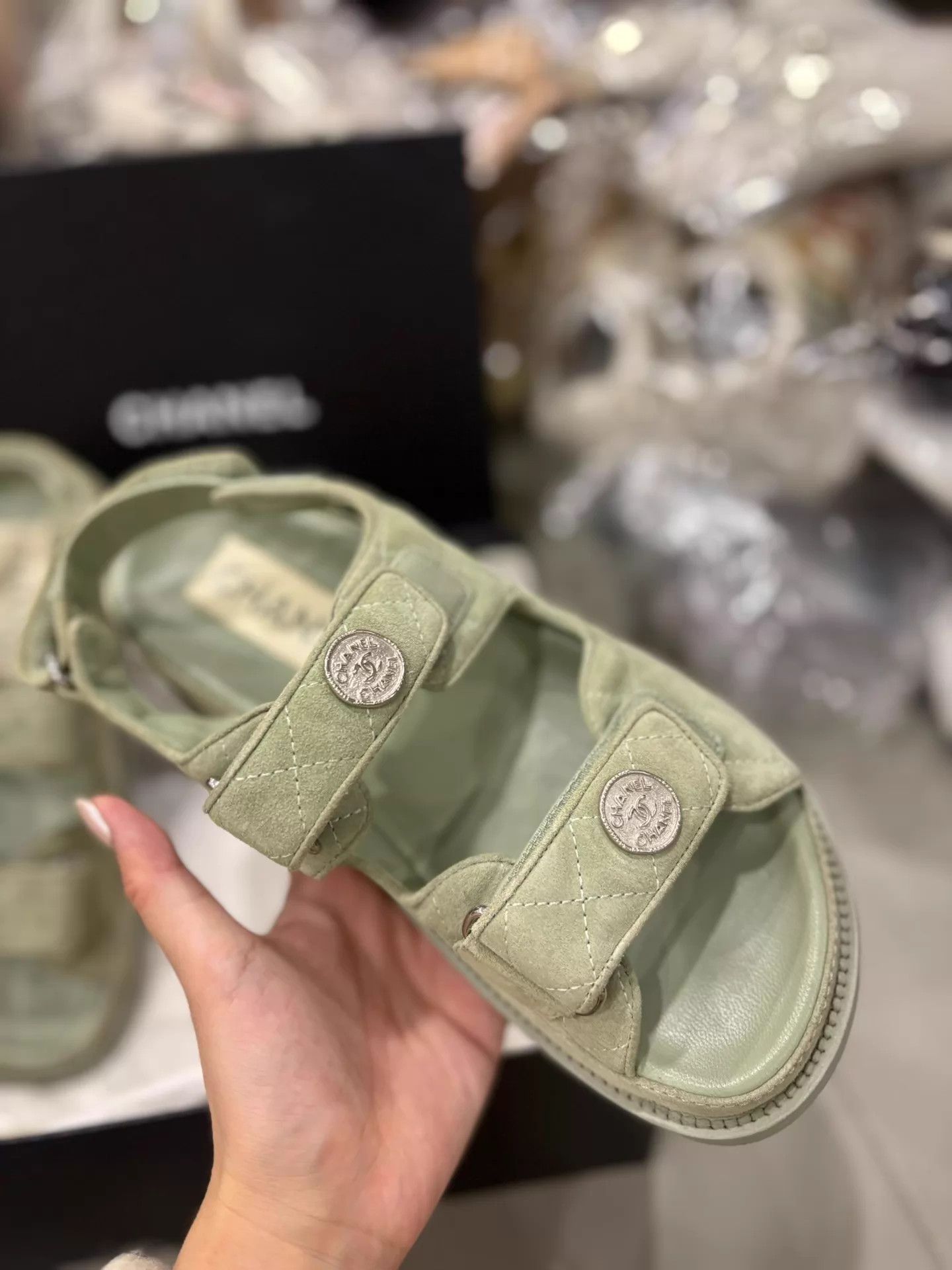 Chanel CHANEL Women's Avocado Suede Velcro Sandals EUR 37 Size US 6.5 / IT 36.5 - 2 Thumbnail