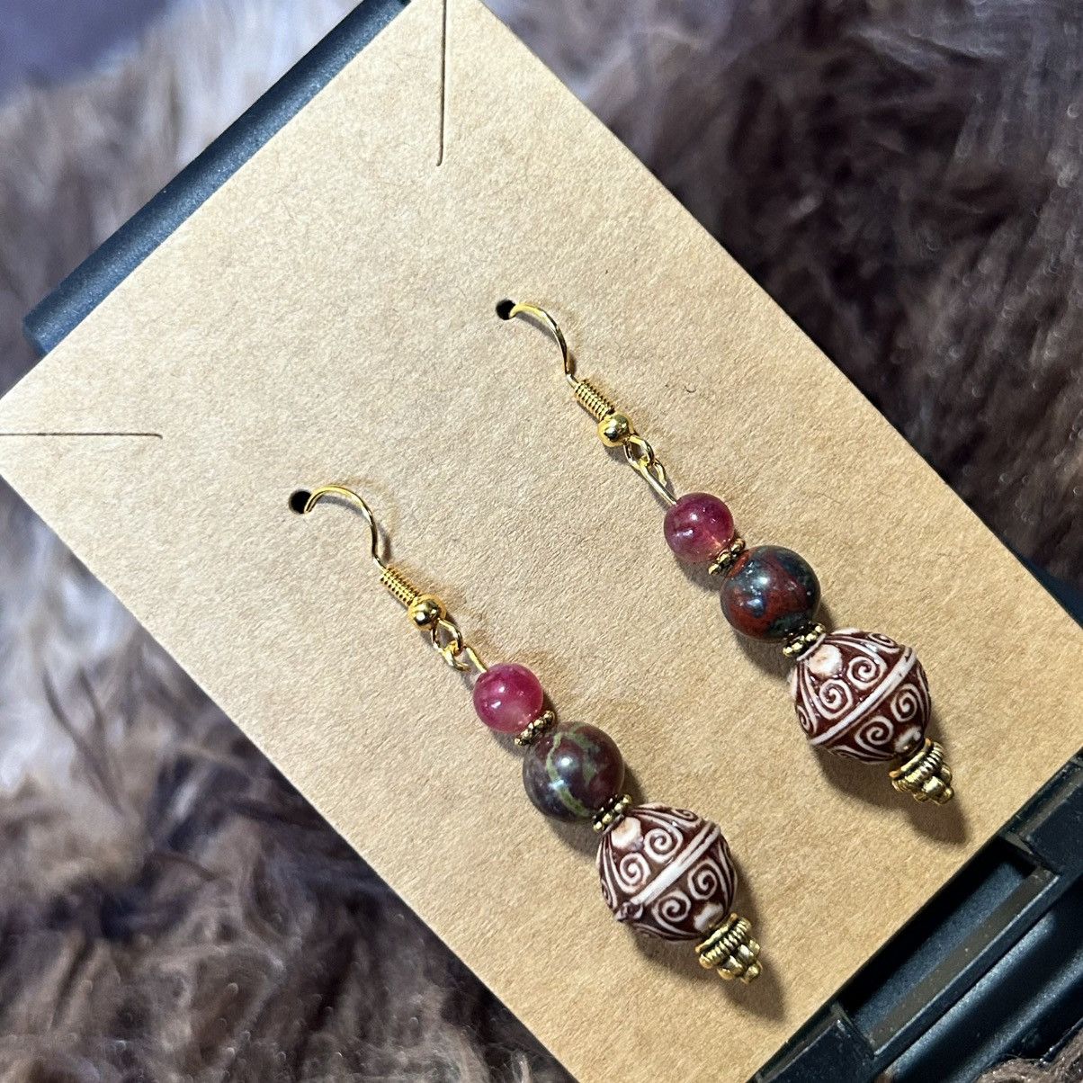 Handmade Handcrafted vintage bead dragon blood elbaite stone earrings Size ONE SIZE - 1 Thumbnail