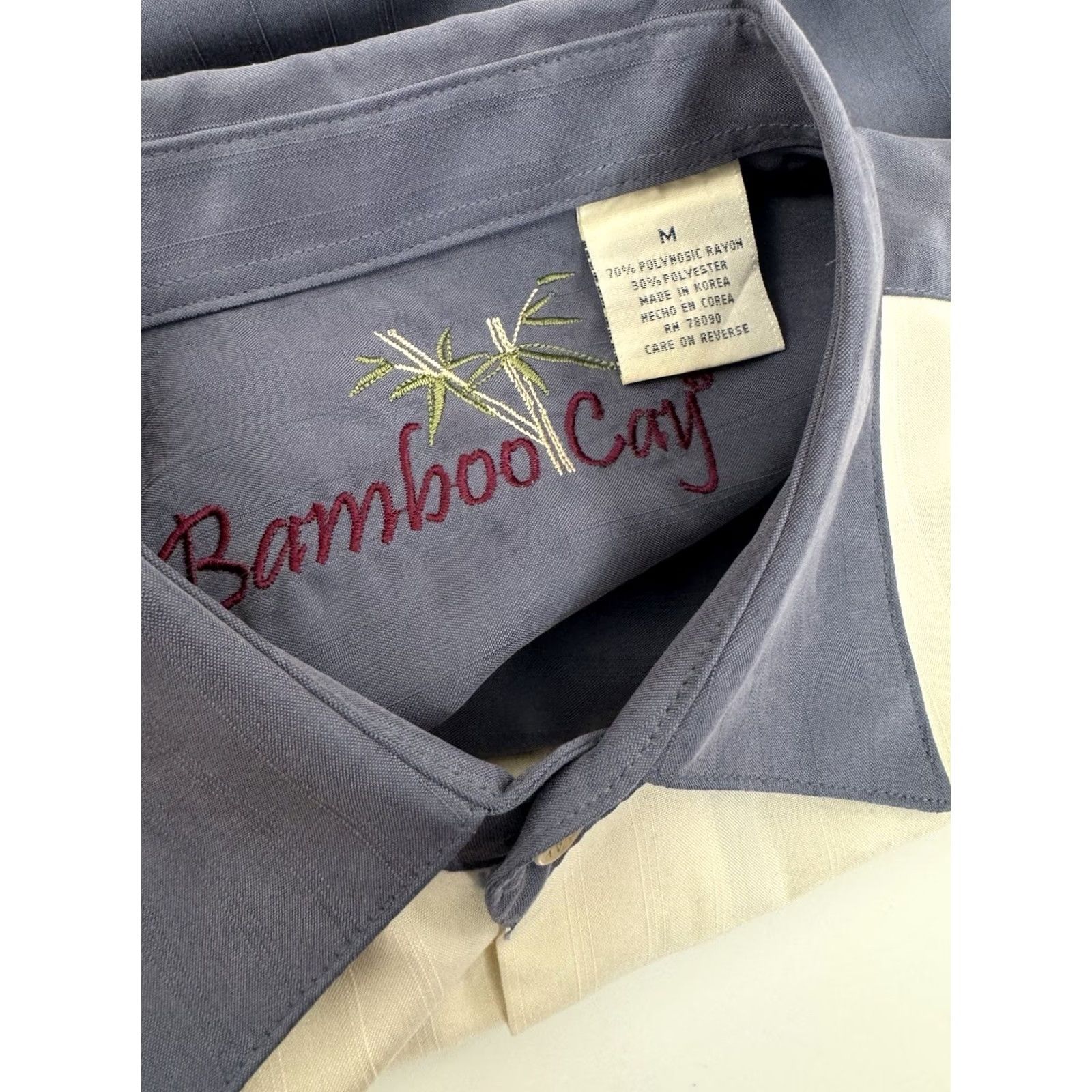Vintage BAMBOO CAY Embroidered Palm Hawaiian Aloha Mens M Shirt Button-Up Short Sleeve Blue / Cream 90s Theme Mens Size US M / EU 48-50 / 2 - 4 Thumbnail