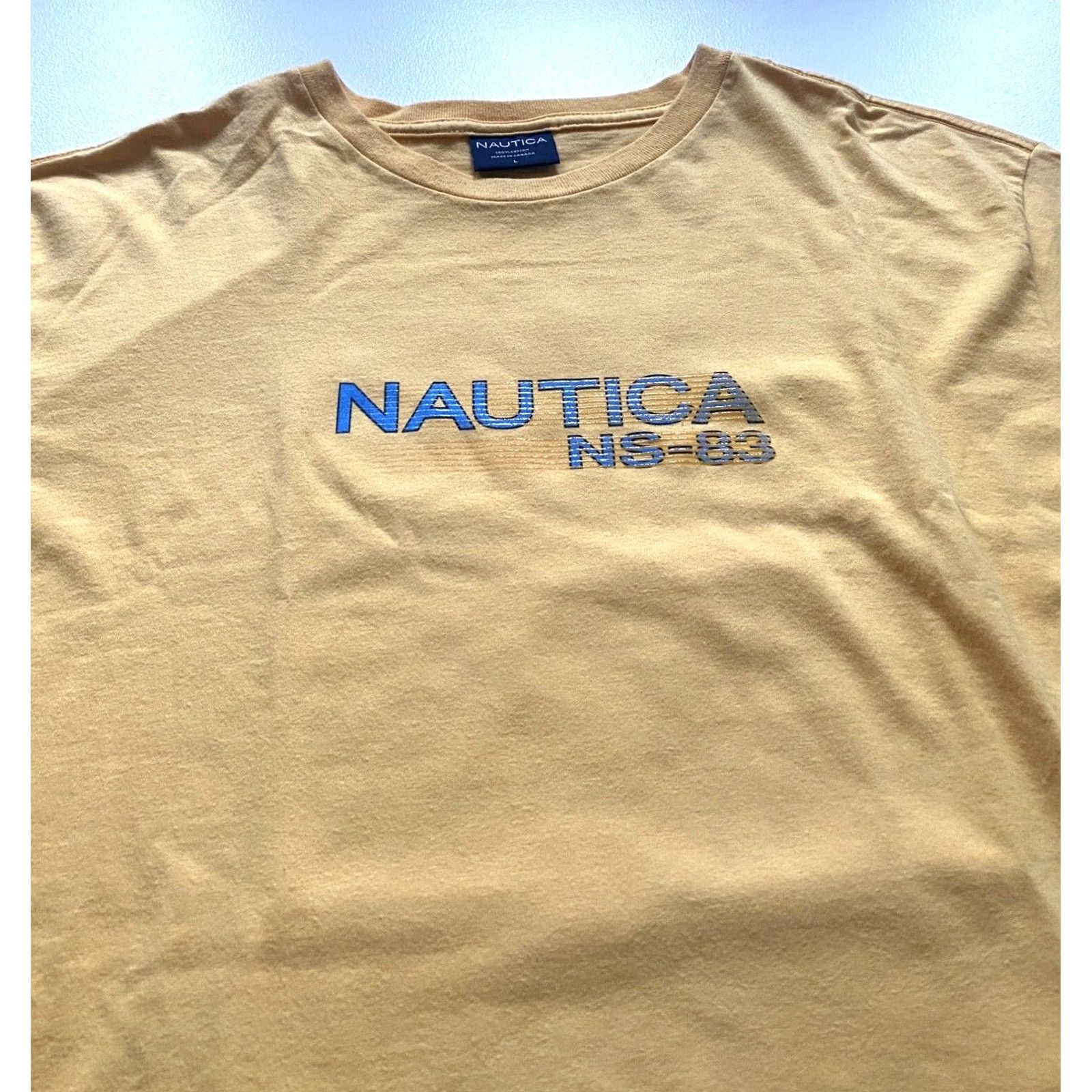 Nautica Nautica NS-83 Men's Vintage 90s T-shirt Double-Sided Crew Neck 100% Cotton Sz L Made in Canada Yellow Sailign Pattern Graphic Print Shirt Ladies? Size US L / EU 52-54 / 3 - 7 Thumbnail