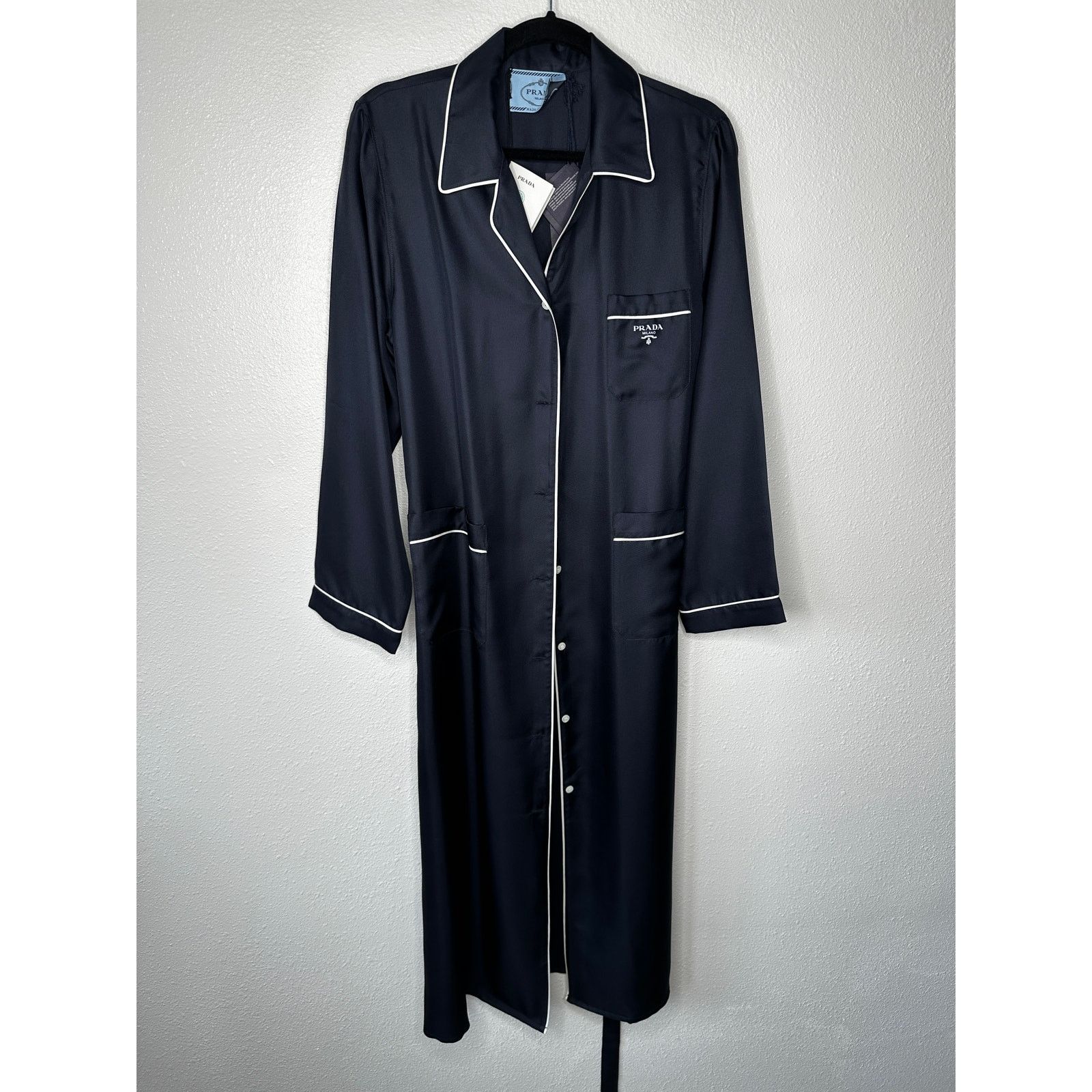 Prada NWT Prada Bleu Black Twill White Trim Belted Robe 44 / M Size ONE SIZE - 2 Thumbnail