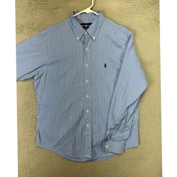 Ralph Lauren Ralph Lauren Shirt Men 16.5 42 Blue Double Striped Dress Pony Custom Button Down Shirt Mens Regular Size 16.5 42 Blue Striped Dress Shirt VINTAGE? Size 46R - 3 Thumbnail