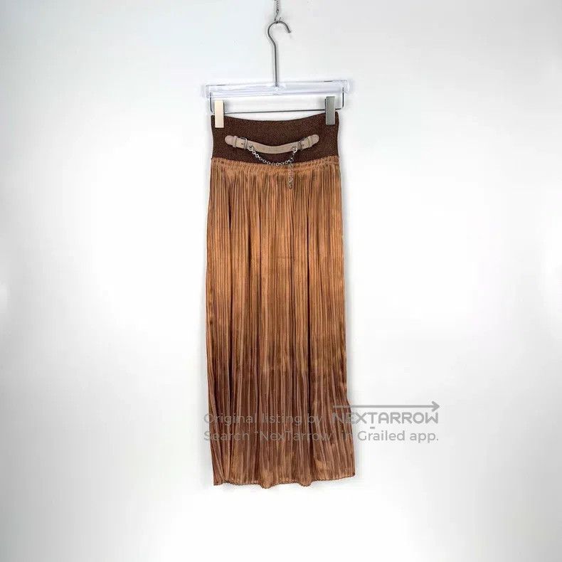 Hermes Hermes Beige Silk and Khaki Leather Buckle Skirt Size 24" / US 00 / IT 34 - 3 Thumbnail
