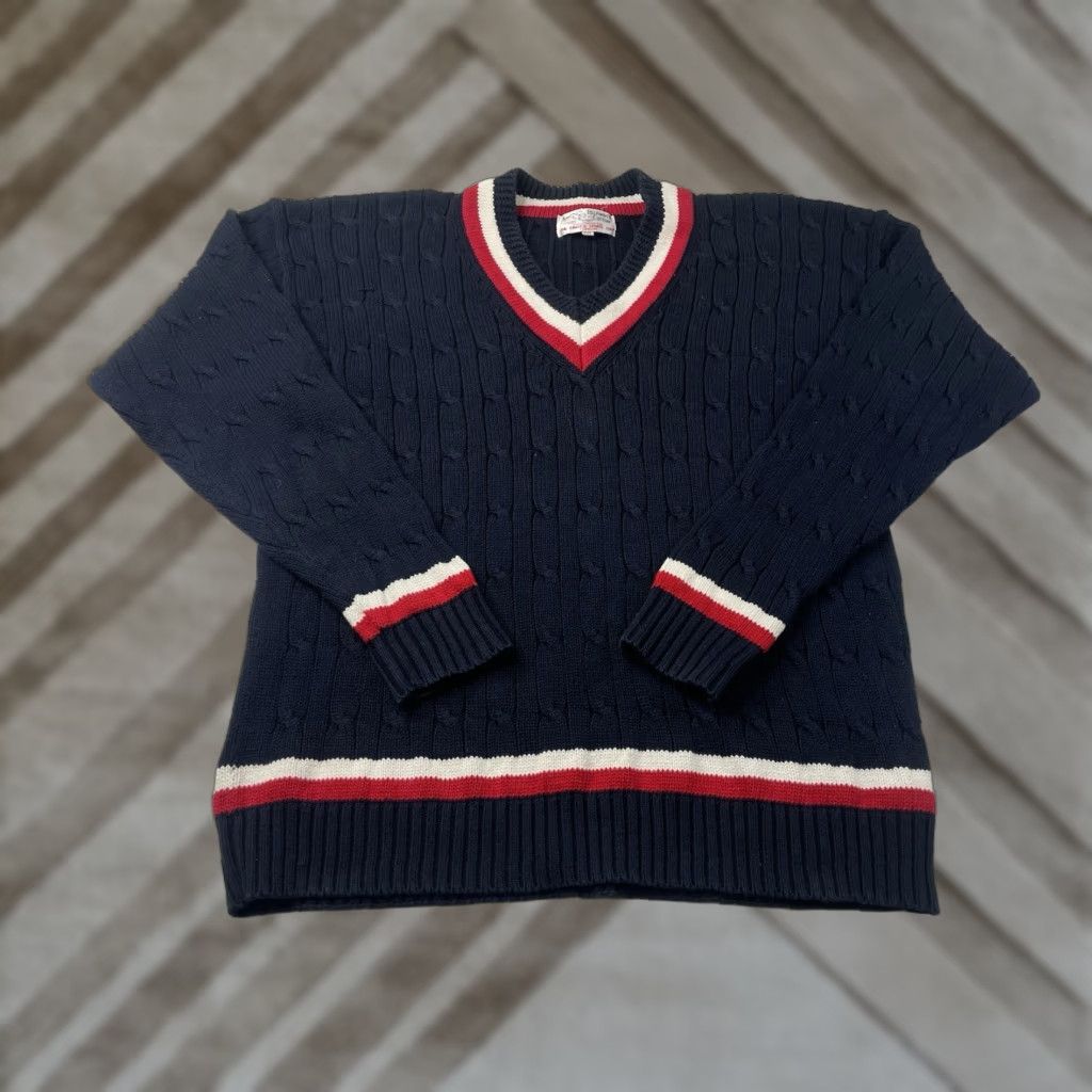 Vintage VINTAGE English Sports Shop Bermuda Men’s XXL Cable Knit V Neck Sweater Tennis Crew Neck Pullover Blue Cotton Sports Set 2XL Mens Size US XXL / EU 58 / 5 - 1 Thumbnail