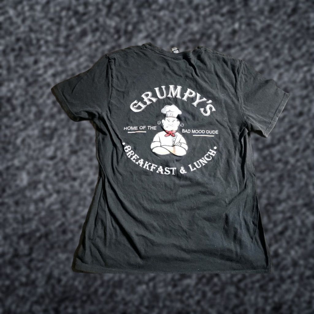 Vintage Mens L GRUMPY’S Restaurant Home Of The Bad Mood Dude Funny T Shirt Double Sided Shirt Unisex Adults L Black 100% Cotton Graphic Tee Size US L / EU 52-54 / 3 - 1 Thumbnail
