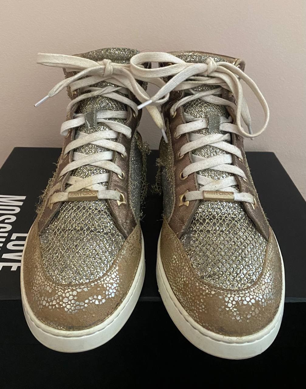 Jimmy Choo Jimmy Choo Metallic Gold Leather And Glitter Miami High Top Size US 8 / IT 38 - 3 Thumbnail