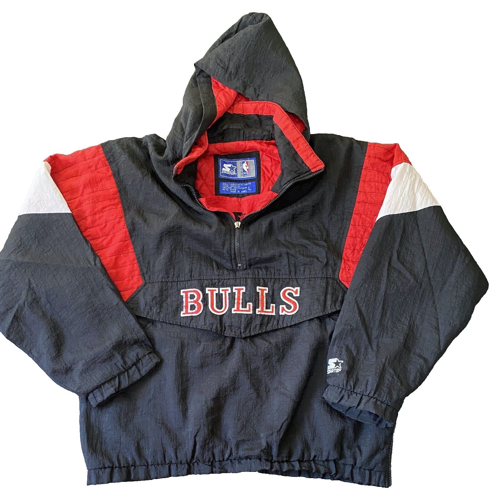 image of Chicago Bulls 90's Starter Puffer 1/2 Jacket L Black Nba Vtg, Men's (Size Large)