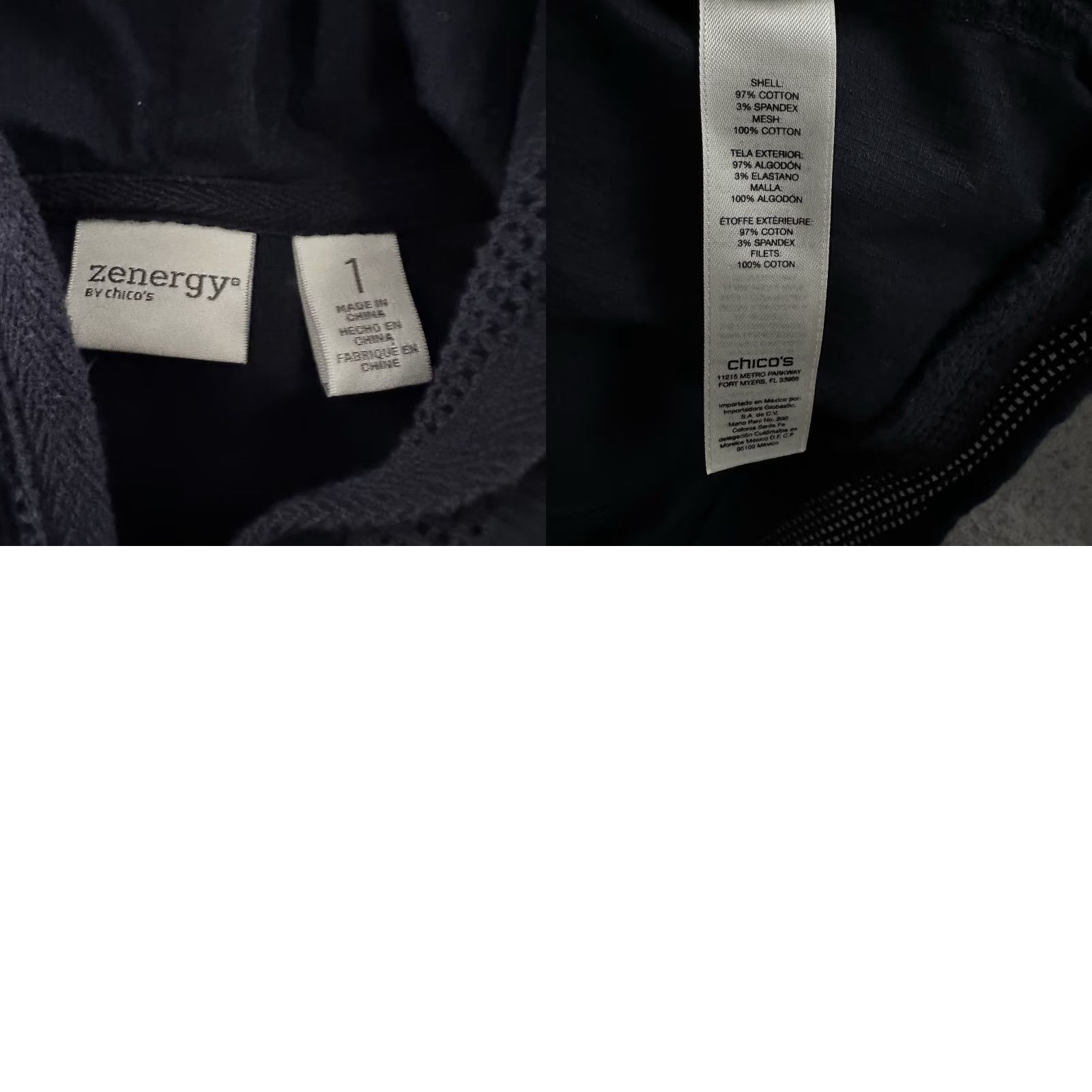 Zenergy Chicos Womens Jacket Blue Size 1 Full Zip 3/4 Sleeve Cotton Blend Basic Pockets Lightweight Hoodie - Womens