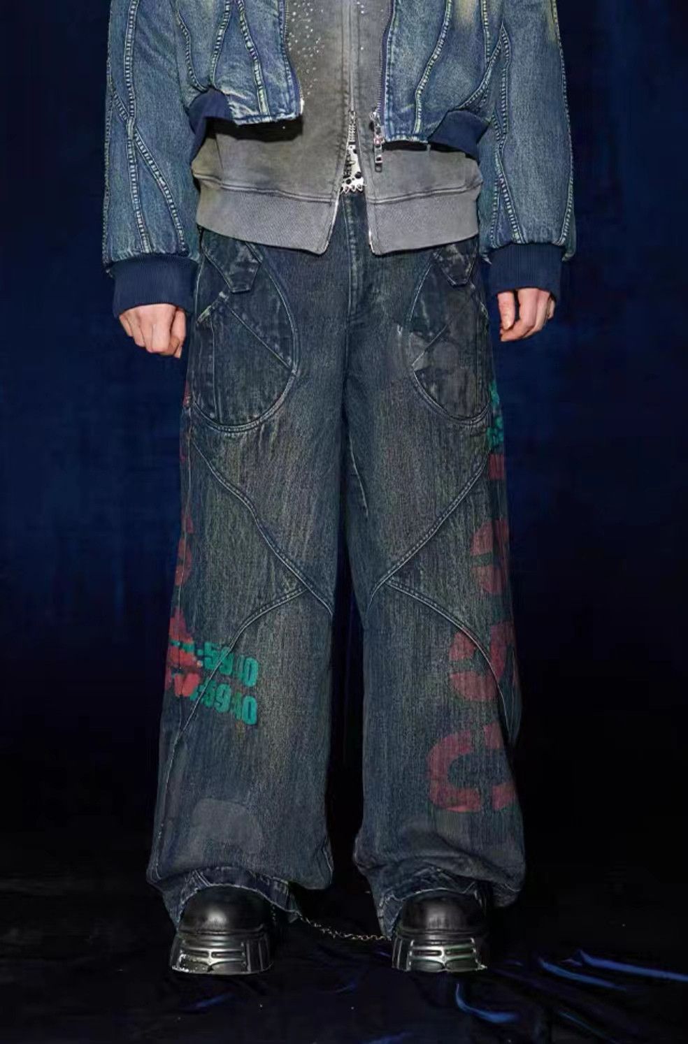 image of Vintage Washed Distressed Niche Printed Baggy Jeans in Blue, Men's (Size 32)