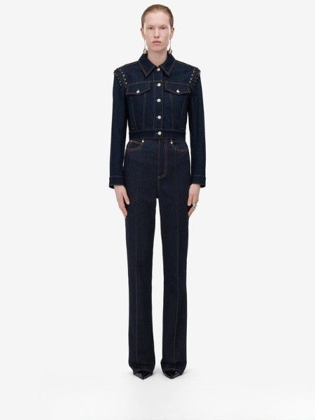 Alexander McQueen o1srvl11e0226 Lace Detail Cropped Denim Jacket In Blue Size L / US 10 / IT 46 - 2 Thumbnail