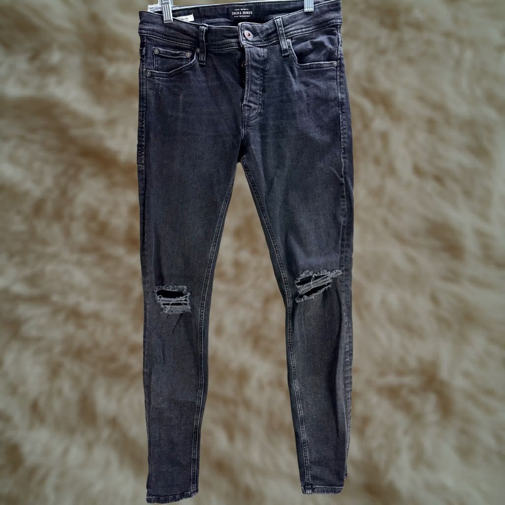 Jack & Jones JACK & JONES Men's Slim Jeans Ankle Black 28 Distressed Cotton Button 32in Inseam Jeans Regular Slim Fit Distressed Womens Men Girls Size US 28 / EU 44 - 1 Thumbnail