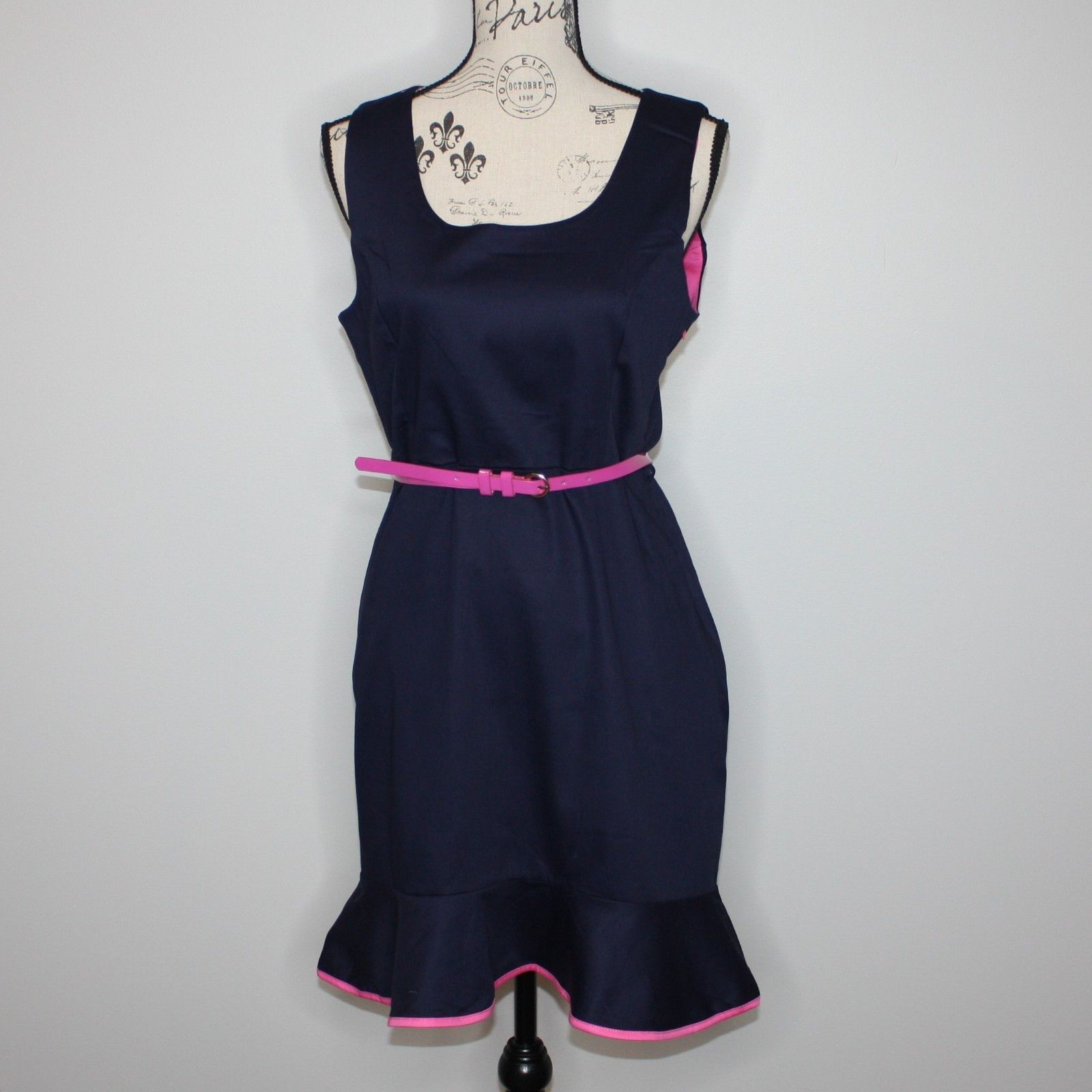 Other Monteau True To Form Navy Blue Dress with Pink Trim & Belt Size L / US 10 / IT 46 - 5 Thumbnail