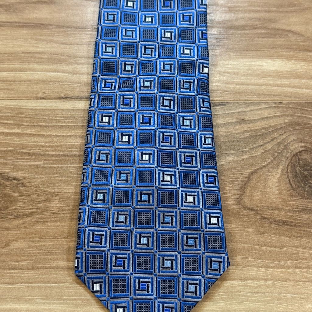 Japanese Brand Bruno Piattelli Silk Tie Blue Geometric 3.75” USA Size 26 - 1 Thumbnail