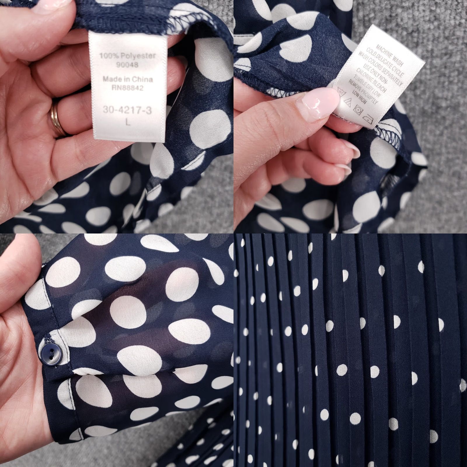 Vintage Only Necessities Women L Large Blue Tunic Polka Dot Button Up Pleated Blouse Size L / US 10 / IT 46 - 8 Thumbnail