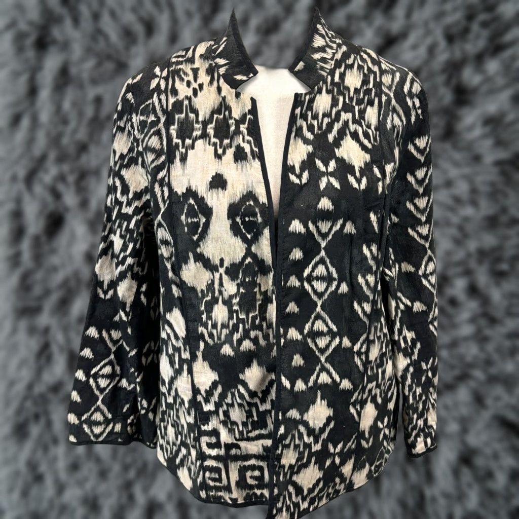 Vintage Chicos Ikat Janelle Lightweight Open Front Jacket Women's Large Black Ecru Size XS / US 0-2 / IT 36-38 - 1 Thumbnail