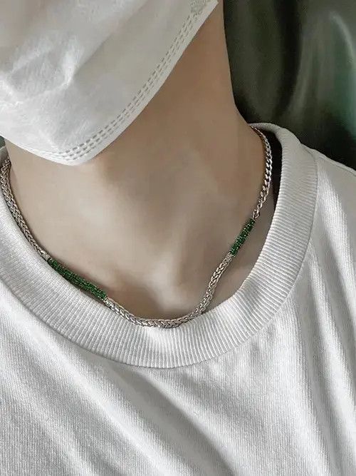 Jewelry Green Stone Chrome Chain Silver Goth God Vibe Necklace Size ONE SIZE - 4 Thumbnail