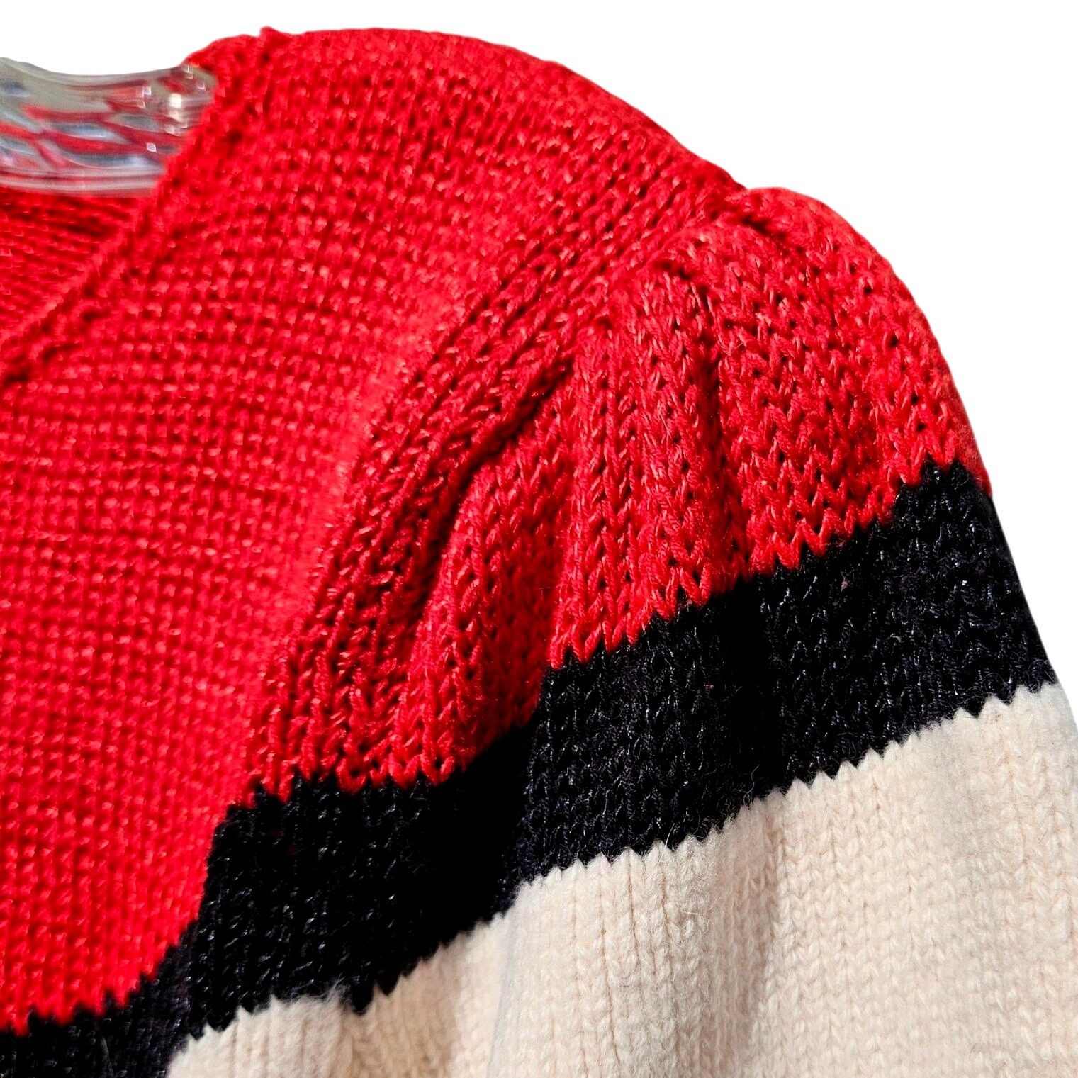 Vintage Vintage 80s Red Black Ivory Wave Knit Puff Shoulder Sweater Size S / US 4 / IT 40 - 4 Thumbnail
