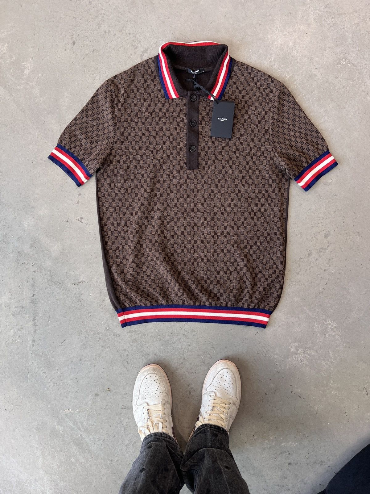 image of Balmain Monogram Pattern Merino Polo Shirt in Brown, Men's (Size XL)