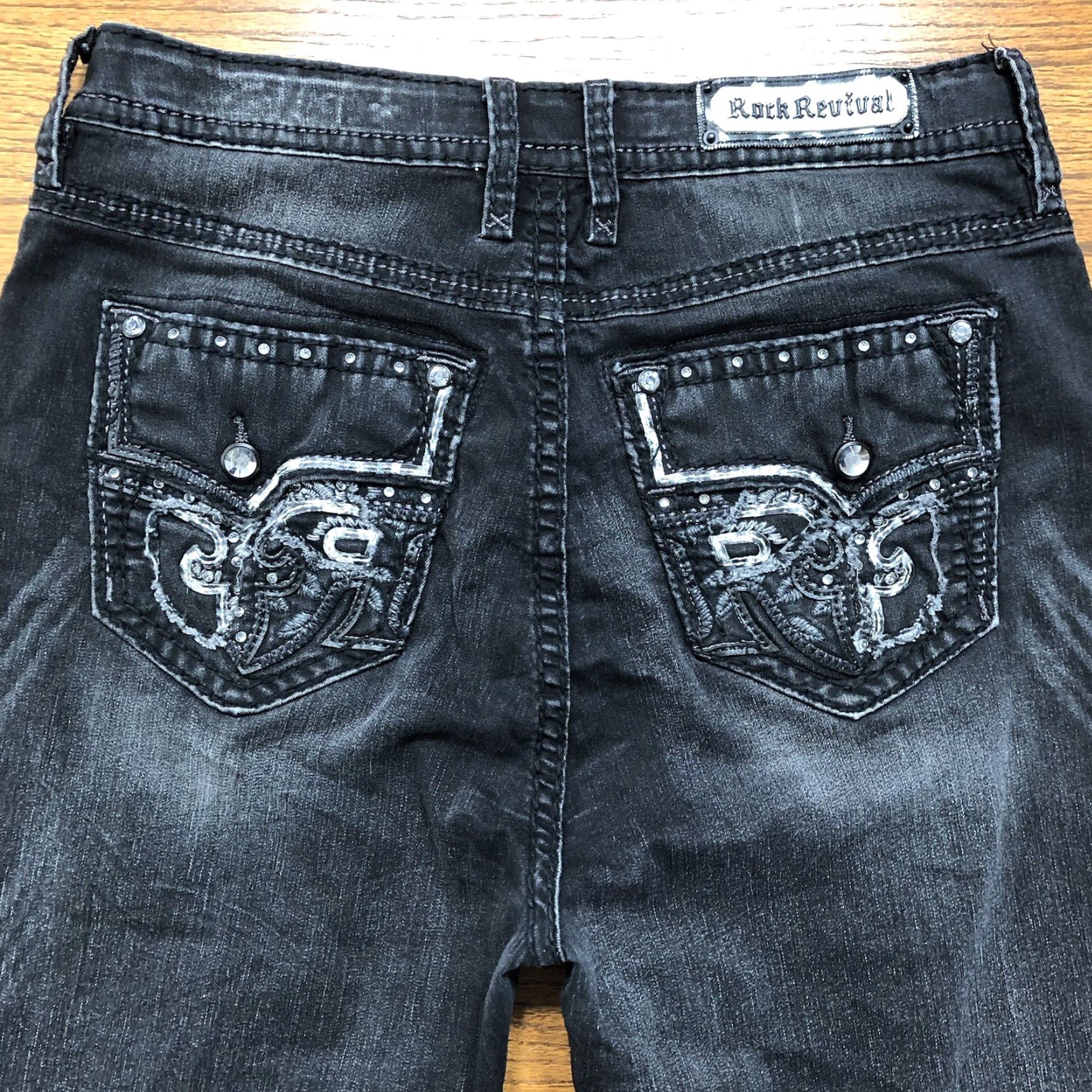 Vintage VINTAGE Rock Revival Jeans Black Womens 34 Slim Ankle 5-Pocket Denim Distressed Embroidered Rhinestone Sequin Studded Rock Biker Metal Size 24" / US 00 / IT 34 - 3 Thumbnail