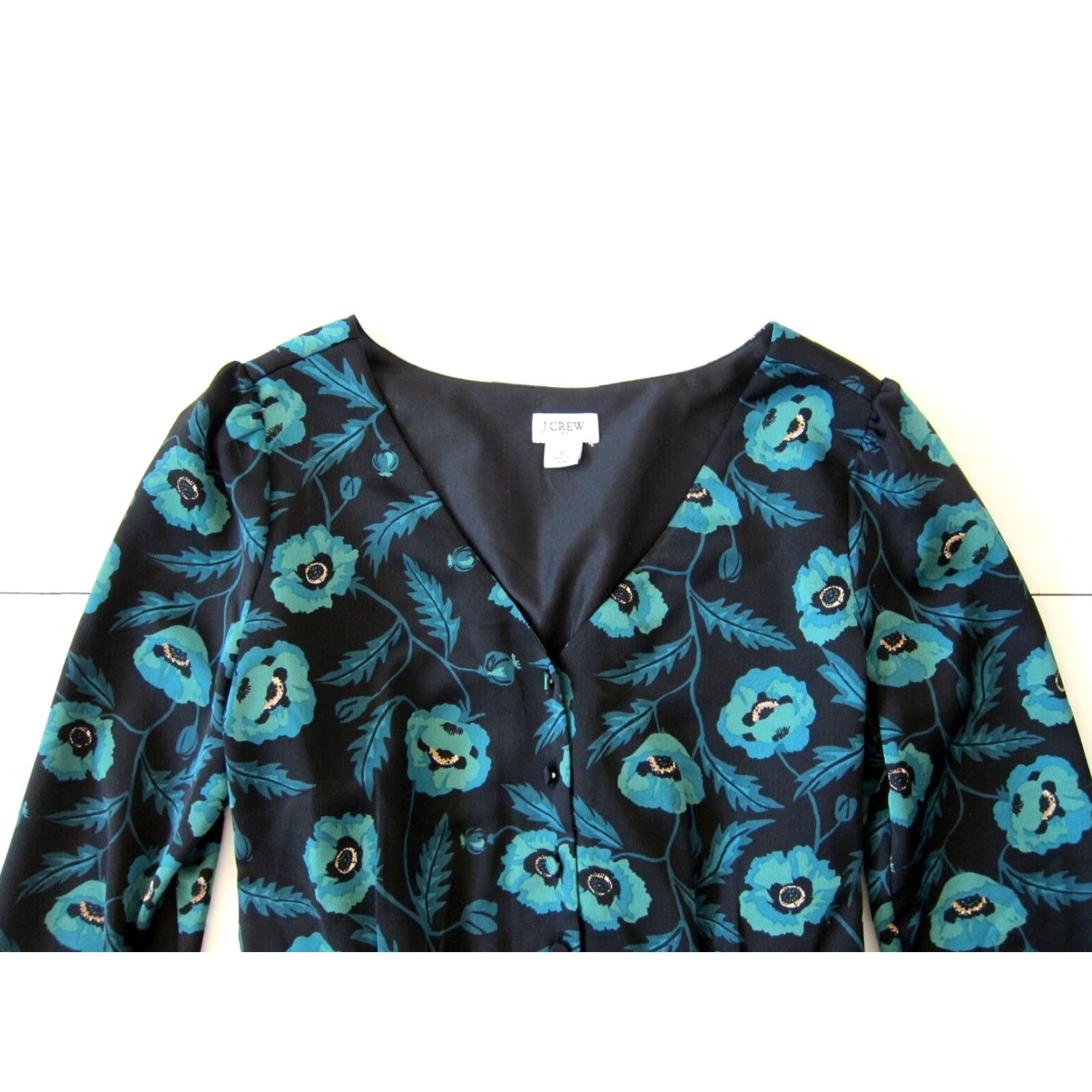 J.Crew J.Crew Black Green Floral Silky V-Neck Button Down Long Sleeve Blouse Size 0 Size XS / US 0-2 / IT 36-38 - 3 Thumbnail