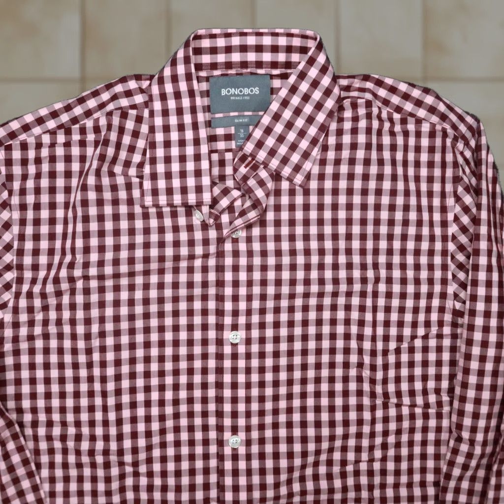 Bonobos Bonobos Shirt Mens Medium 16 Red Slim Fit Wrinkle Free Gingham Check Long Sleeve Dress Shirt Casual Formal Business Mens Size US M / EU 48-50 / 2 - 1 Thumbnail