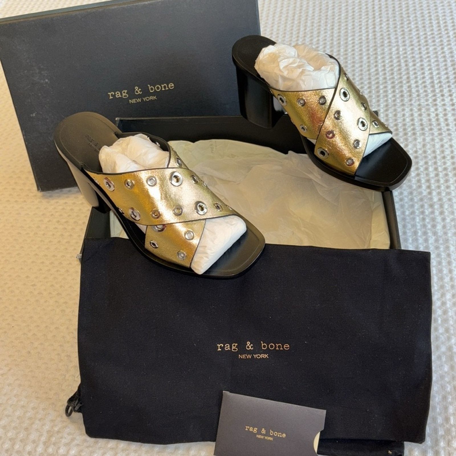 Rag & Bone NEW! Rag & Bone 7 Paige Grommet Gold Black Slide Sandal Heel Size US 7 / IT 37 - 2 Thumbnail