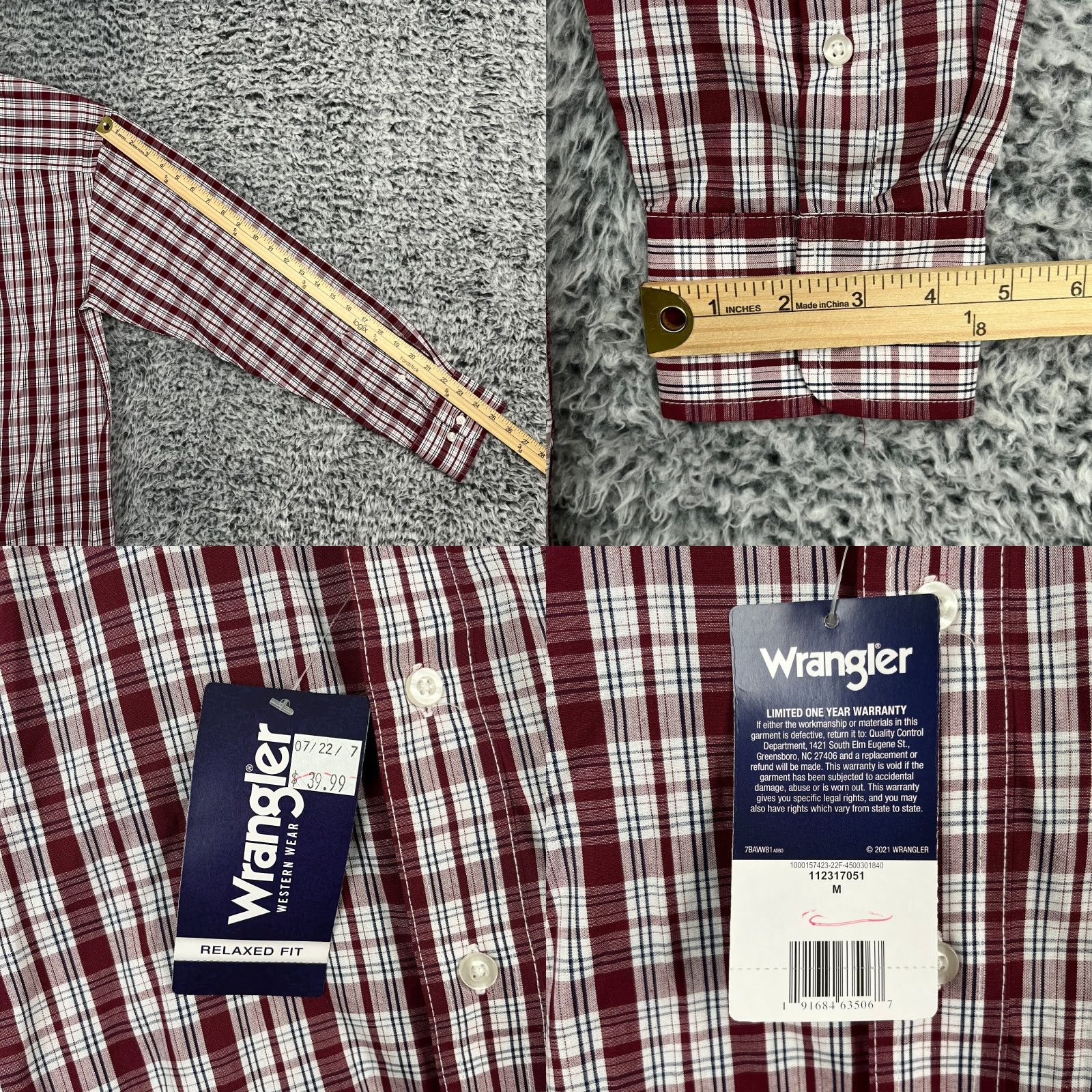 Wrangler Wrangler Shirt Mens Red White Plaid Western Button-Up Casual, Formal, Wedding, Cowboy Theme, M Size US M / EU 48-50 / 2 - 9 Thumbnail