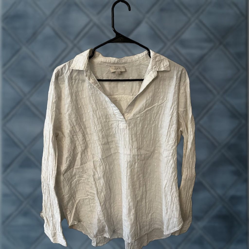 Loft VINTAGE Loft Women's Long Sleeve V-Neck Collared Cotton Blouse XL White Office Casual Size XL / US 12-14 / IT 48-50 - 1 Thumbnail