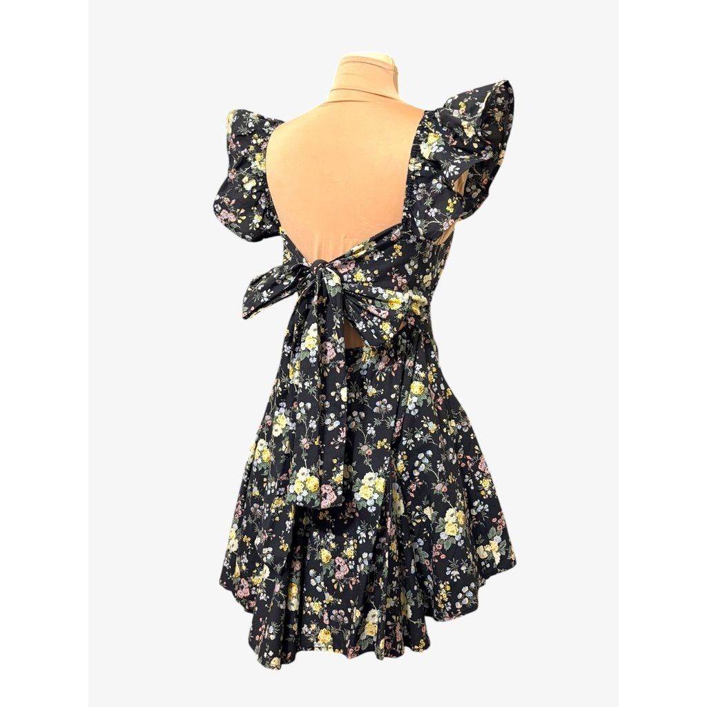 Other Mable Black Multi Floral Mini Dress S Ruffle Open Back Bow V Size S / US 4 / IT 40 - 2 Thumbnail