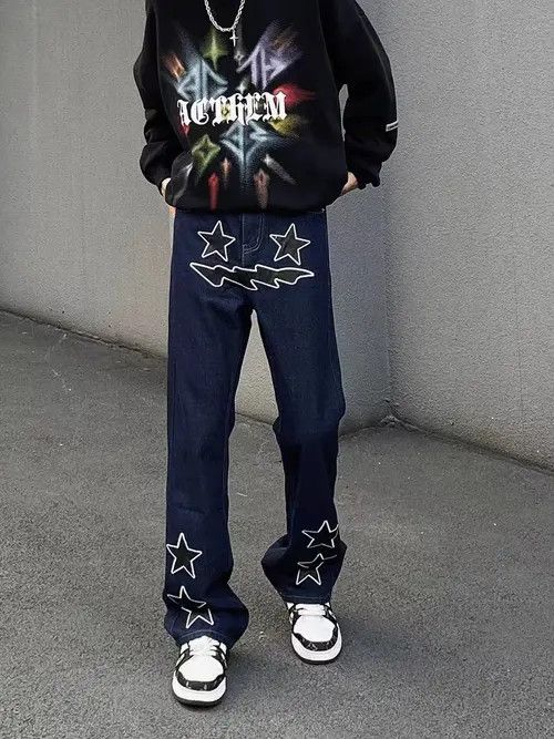 Jean High street trendy star embroidered micro-flared jeans Size US 32 / EU 48 - 6 Thumbnail