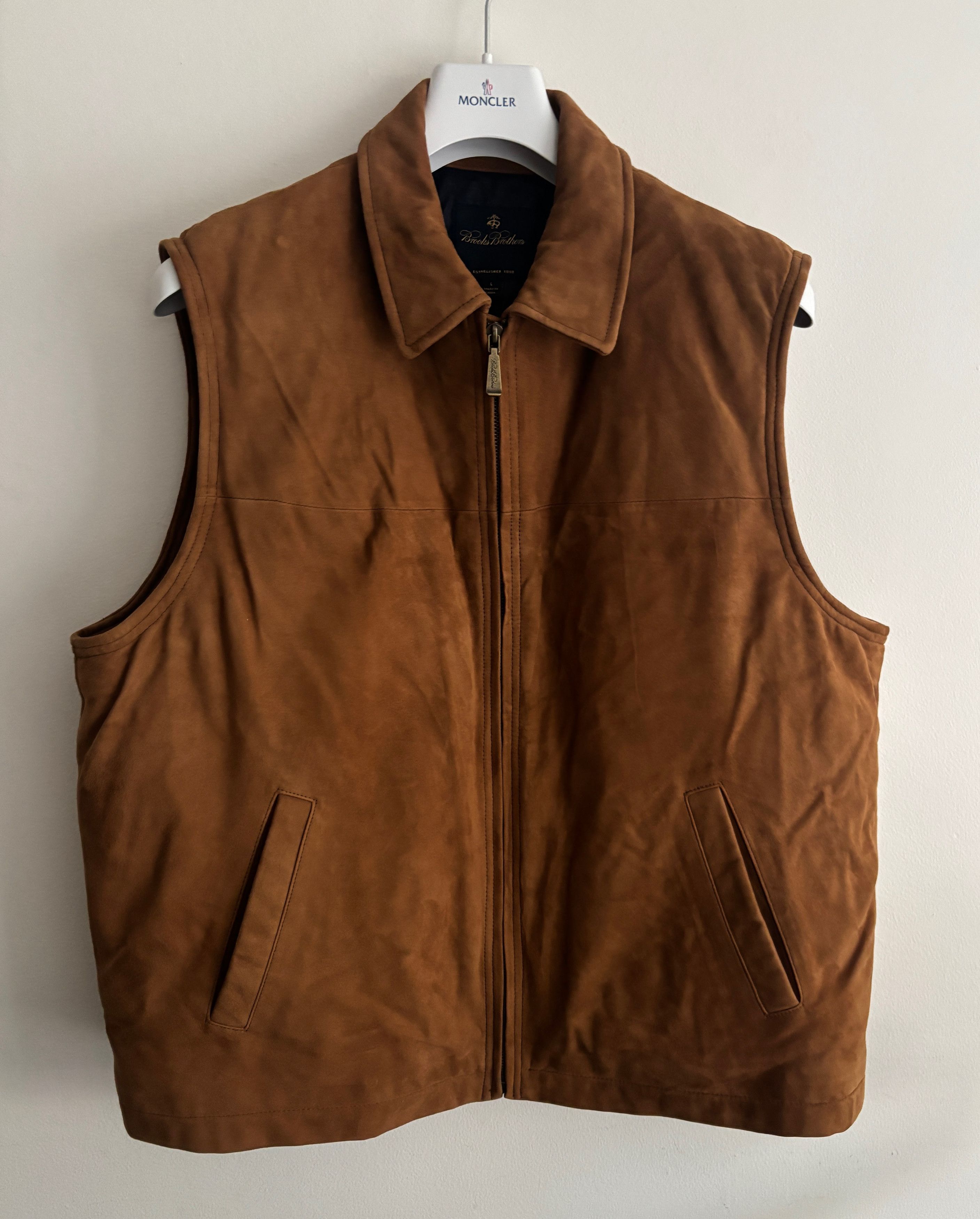 Brooks Brothers $495 Zippered Tan/ Brown Suede Leather Down Vest - Large Size US L / EU 52-54 / 3 - 1 Thumbnail