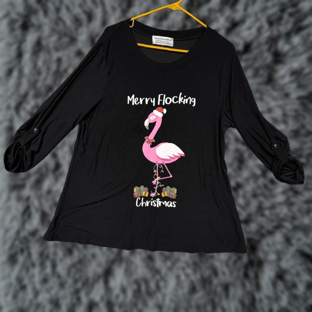Vintage Tiara International Shirt Womens XL Black Merry Flocking Christmas Flamingo Tunic 3/4 Sleeve Scoop Neck Button Tab Holiday Womens Shirt Size XL / US 12-14 / IT 48-50 - 1 Thumbnail