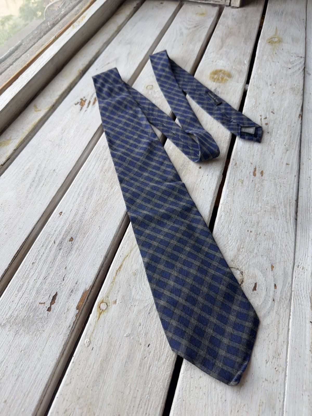 Designer × Giorgio Armani × Vintage Giorgio Armani Viscose Plaid Tie Blue Gray Check Made Italy Size ONE SIZE - 1 Thumbnail