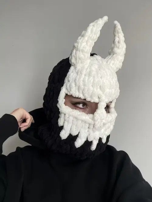 E.T. Wright Devil balaclava with horns . Scull ski mask . Knitt mask Size ONE SIZE - 4 Thumbnail
