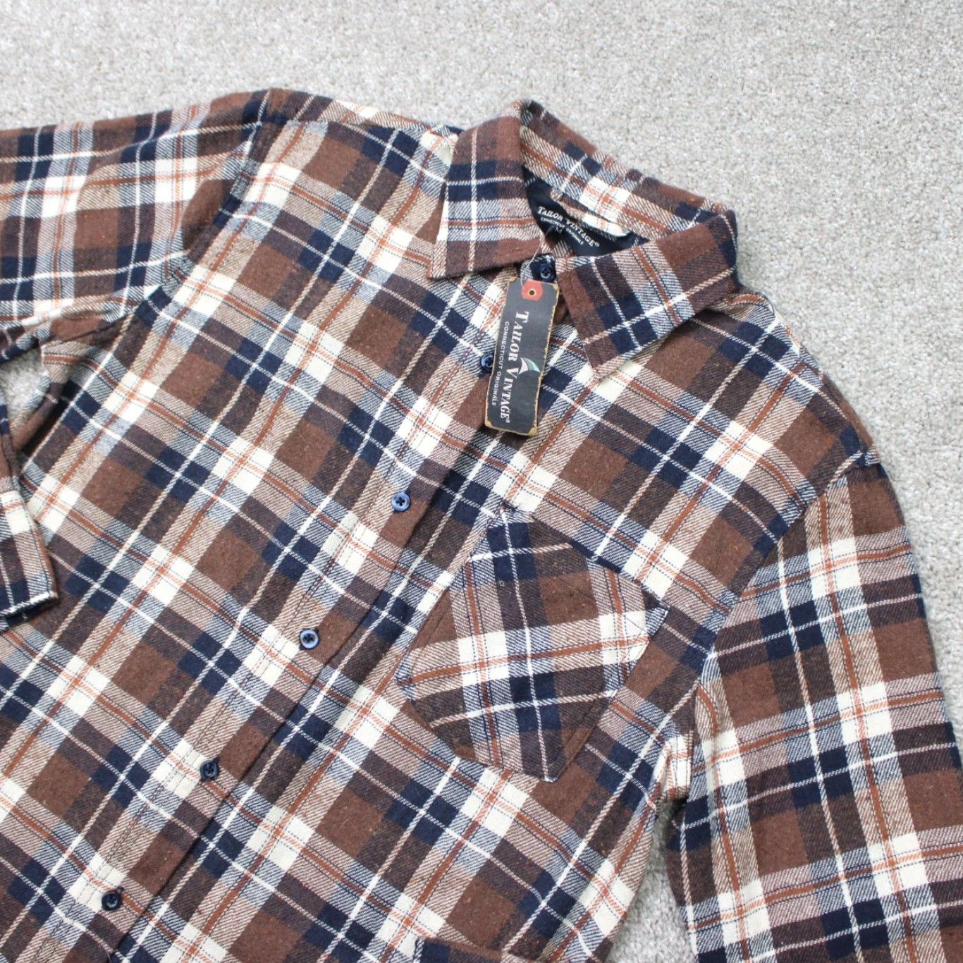 Vintage Tailor Vintage Shirt Mens Medium Brown/Blue Plaid Flannel Button-Up Long Sleeve NWT Casual Workwear Size US M / EU 48-50 / 2 - 3 Thumbnail