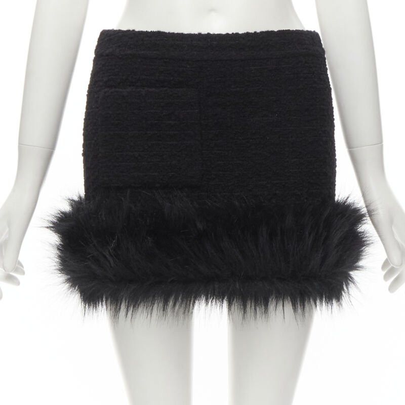 Saint Laurent Paris SAINT LAURENT 2022 black tweed faux fur trimmed mini skirt FR34 XS Size 26" / US 2 / IT 38 - 1 Thumbnail