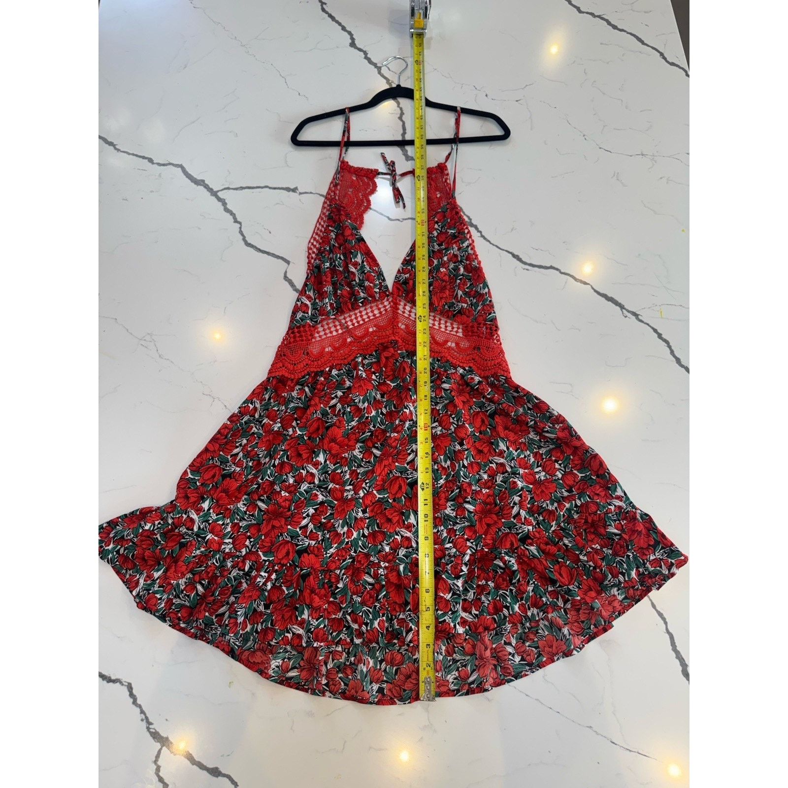 Other Women Red Floral Crochet Lace Halter Backless Mini Sundress Size XL / US 12-14 / IT 48-50 - 4 Thumbnail