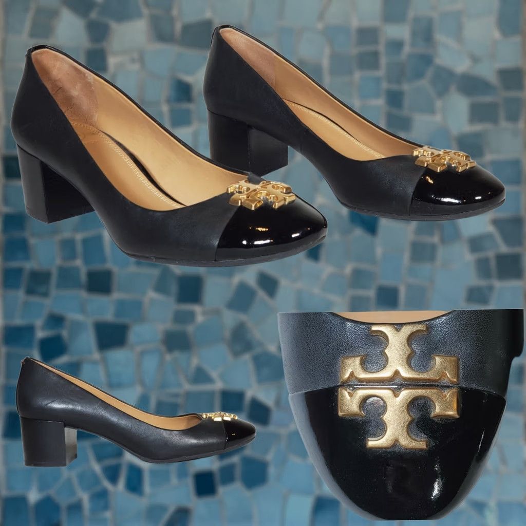 Tory Burch Tory Burch Everly Patent Cap Toe Pumps Black Leather Gold Logo Women’s US 7 M Size ONE SIZE - 1 Thumbnail