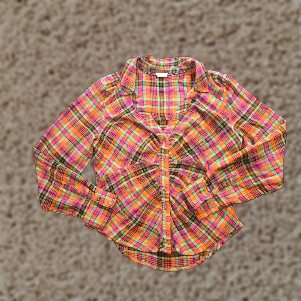 Vintage Pilcro Top Womens L Pink Plaid Gauze Texture Ruched Button Casual Shirt Size L / US 10 / IT 46 - 1 Thumbnail