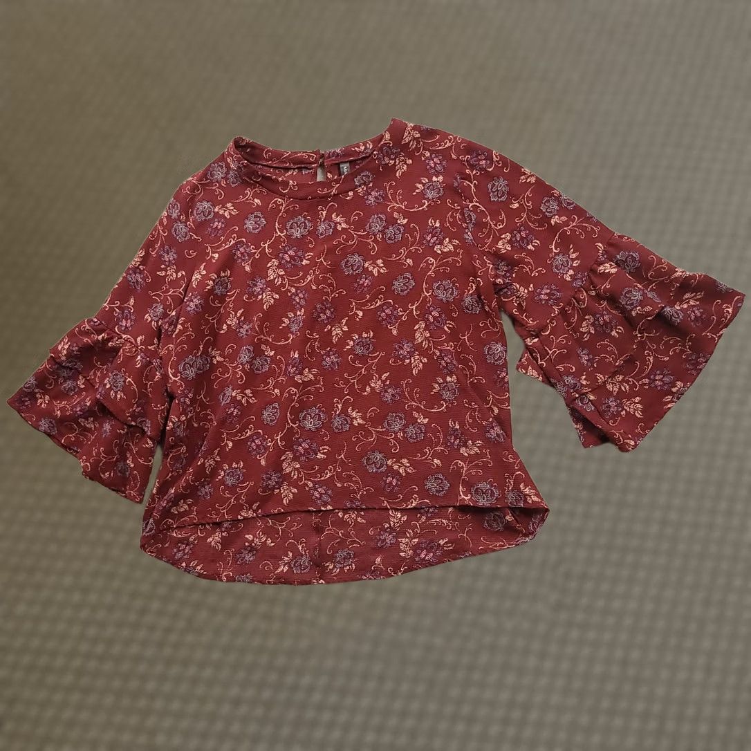 Bell Massini Womens Blouse Top Large Bell Sleeve Ruffle Floral Maroon Red L Regular Size L / US 10 / IT 46 - 1 Thumbnail