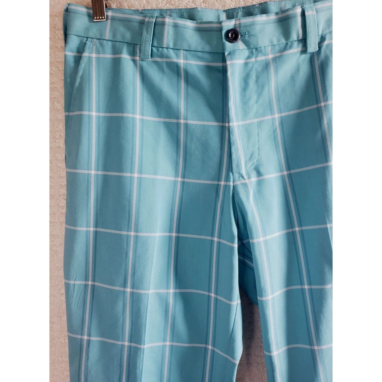 Izod Izod Golf Pants Men 32x30 Teal Blue-White Check Stretch Microfiber Slimming Pockets Zip Flat Front Regular Inseam 30" Machine Washable Size US 32 / EU 48 - 3 Thumbnail