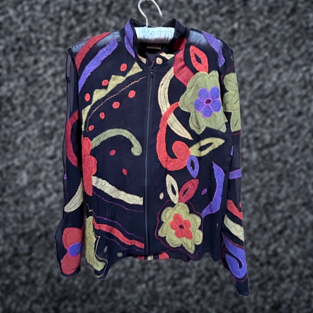 Vintage Chico's Women's Full Zip Jacket Silk Applique Wearable Art Lightweight Short Sleeve? Size S / US 4 / IT 40 - 1 Thumbnail