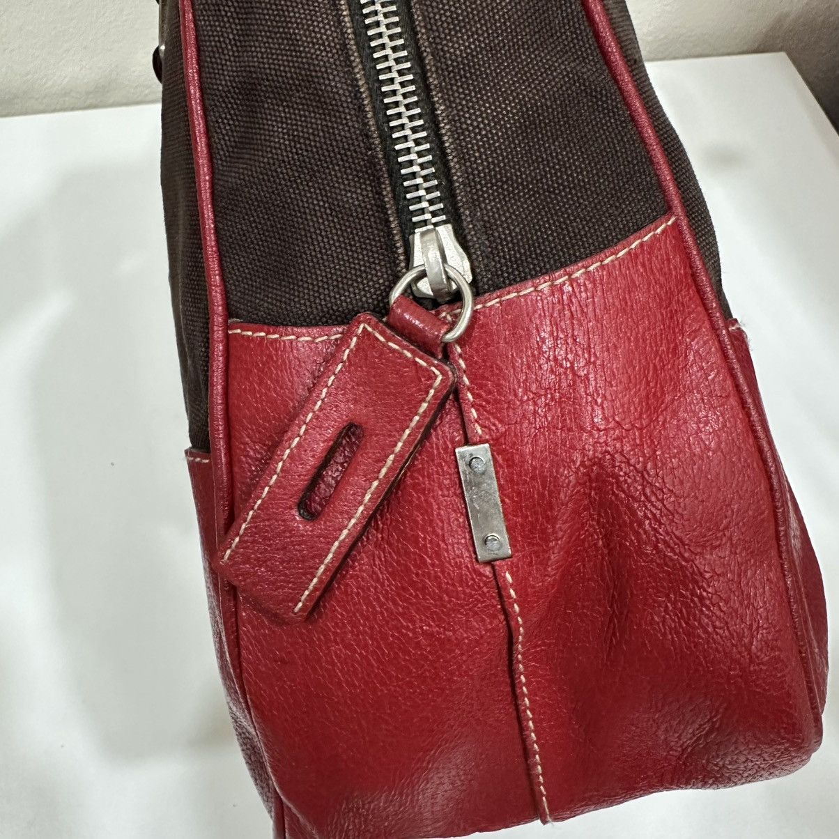 Prada PRADA BOWLING MINI BOSTON BAG BROWN CANVAS RED TRIM LEATHER Size ONE SIZE - 9 Thumbnail