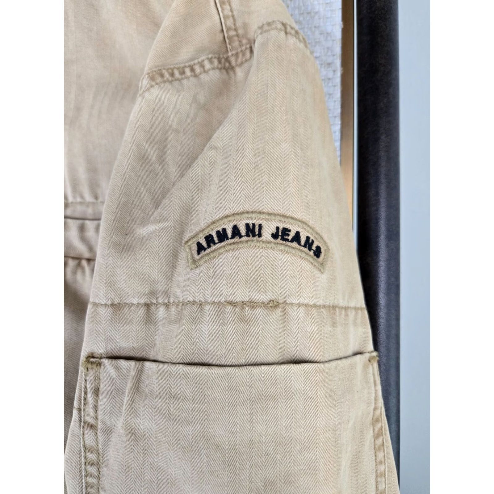 Vintage Armani Jeans Mens Trucker Jacket Full Zip Cotton Khaki Beige Large Size Casual, 100% Cotton, Stand-Up Collar, Pockets, Breathable, Regular Fit Size US 33 - 6 Thumbnail