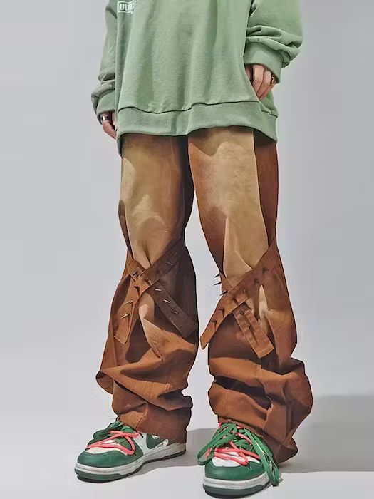 image of Vintage Hip Hop Denim Trousers Male Oversize Flare Pants in Brown, Men's (Size 32)