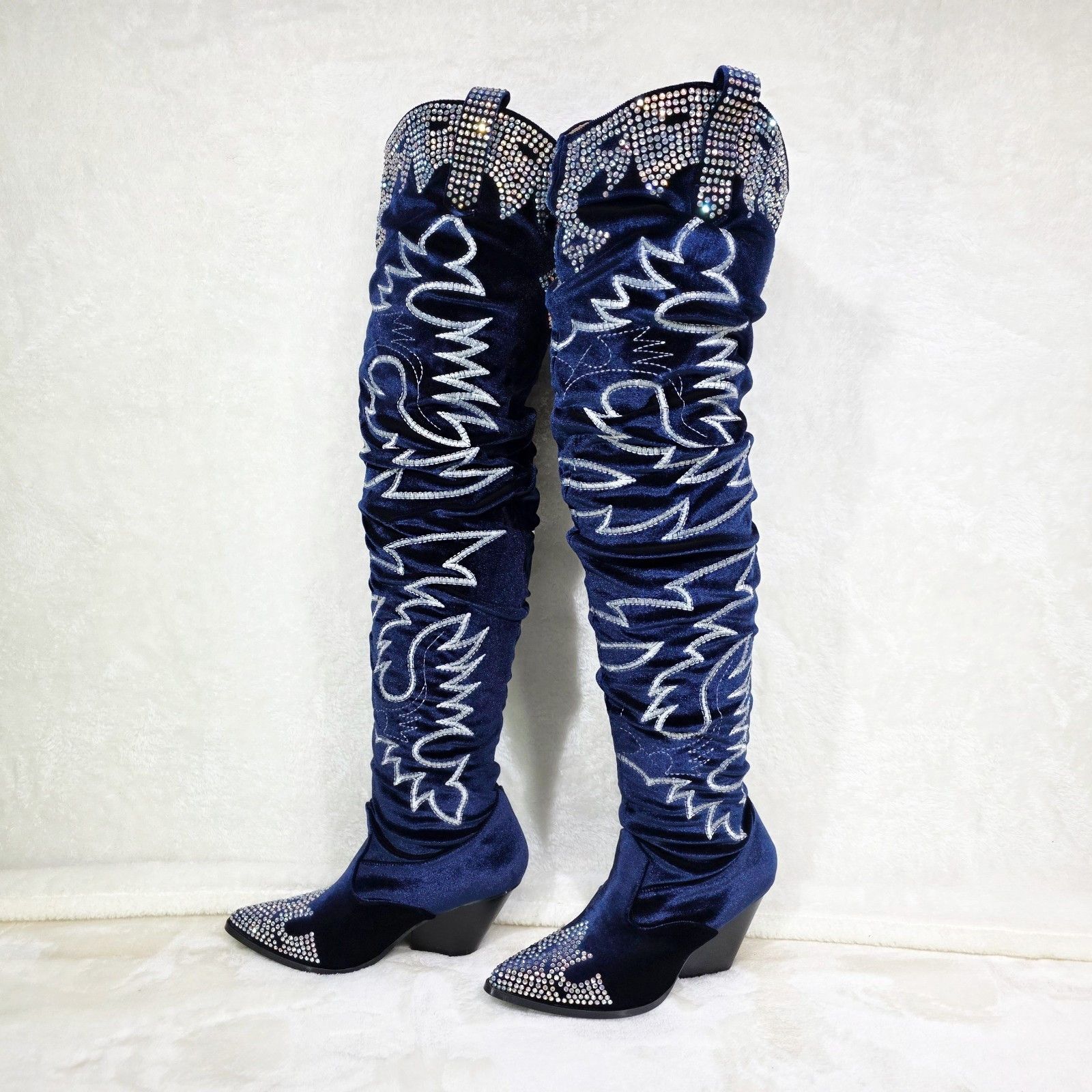 Other Delish Blue Velvet Western Slouch OTK Thigh High Cowboy Boot Size US 6.5 / IT 36.5 - 2 Thumbnail